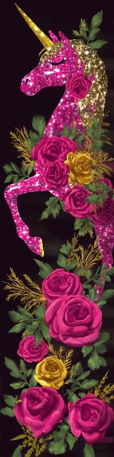 Free dragon bookmark featuring a unicorn in gold sequins and magenta tones